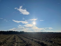 the sun shines through a field of plowed land